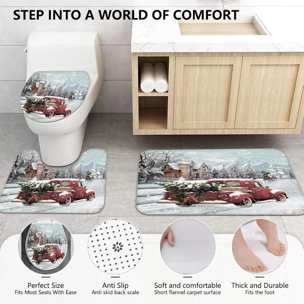 Luxurious 4-Piece Xmas Bath Set – Non-Slip Rugs, U-Shaped Mat & Curtain, 72x72